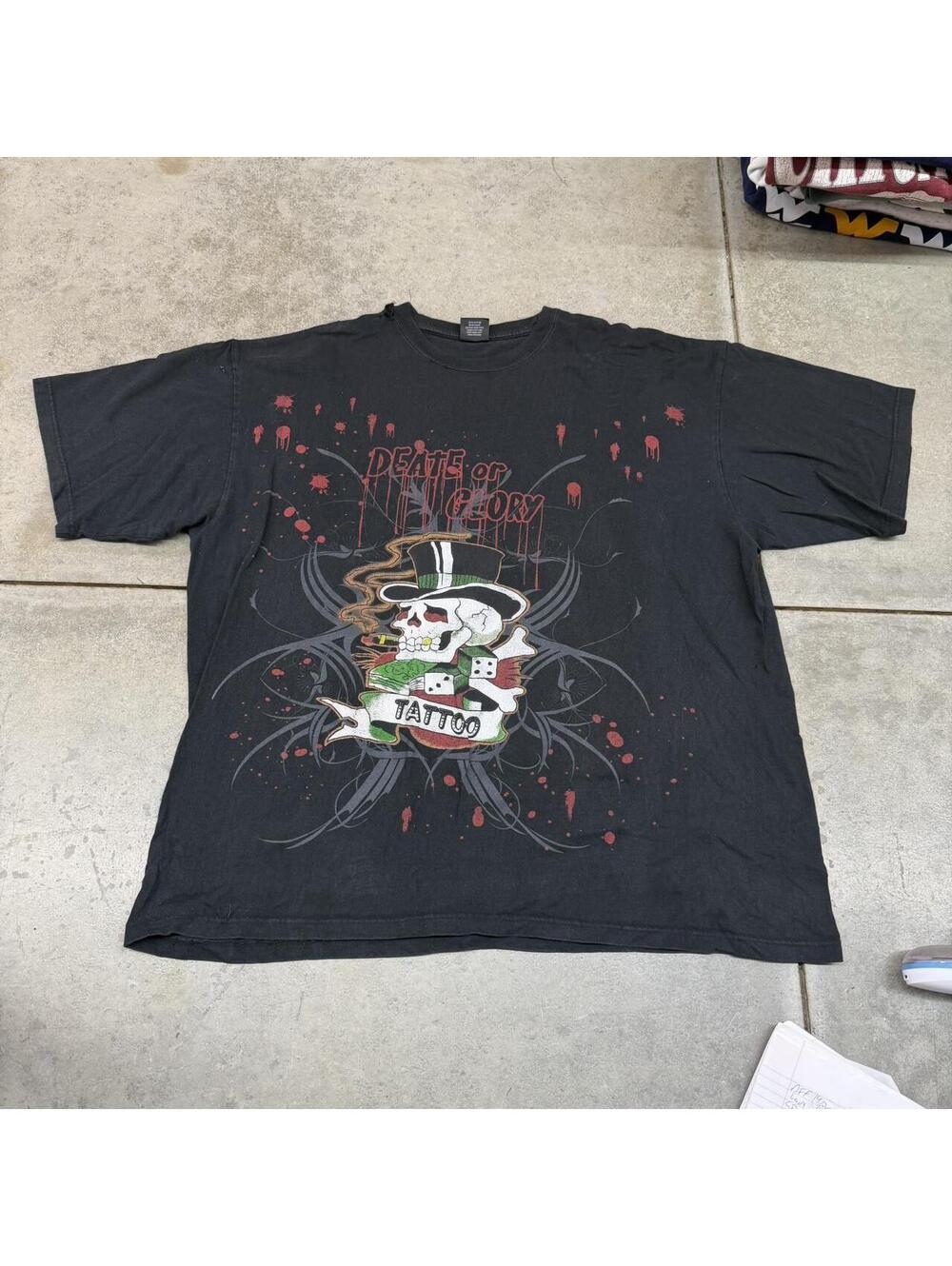vintage death or glory faded black tattoo skull dice shirt size xxl HAS HOLE